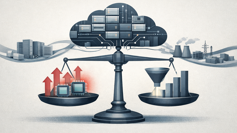 Abstract illustration of AI infrastructure spending flowing through a supply chain toward revenue and earnings conversion.