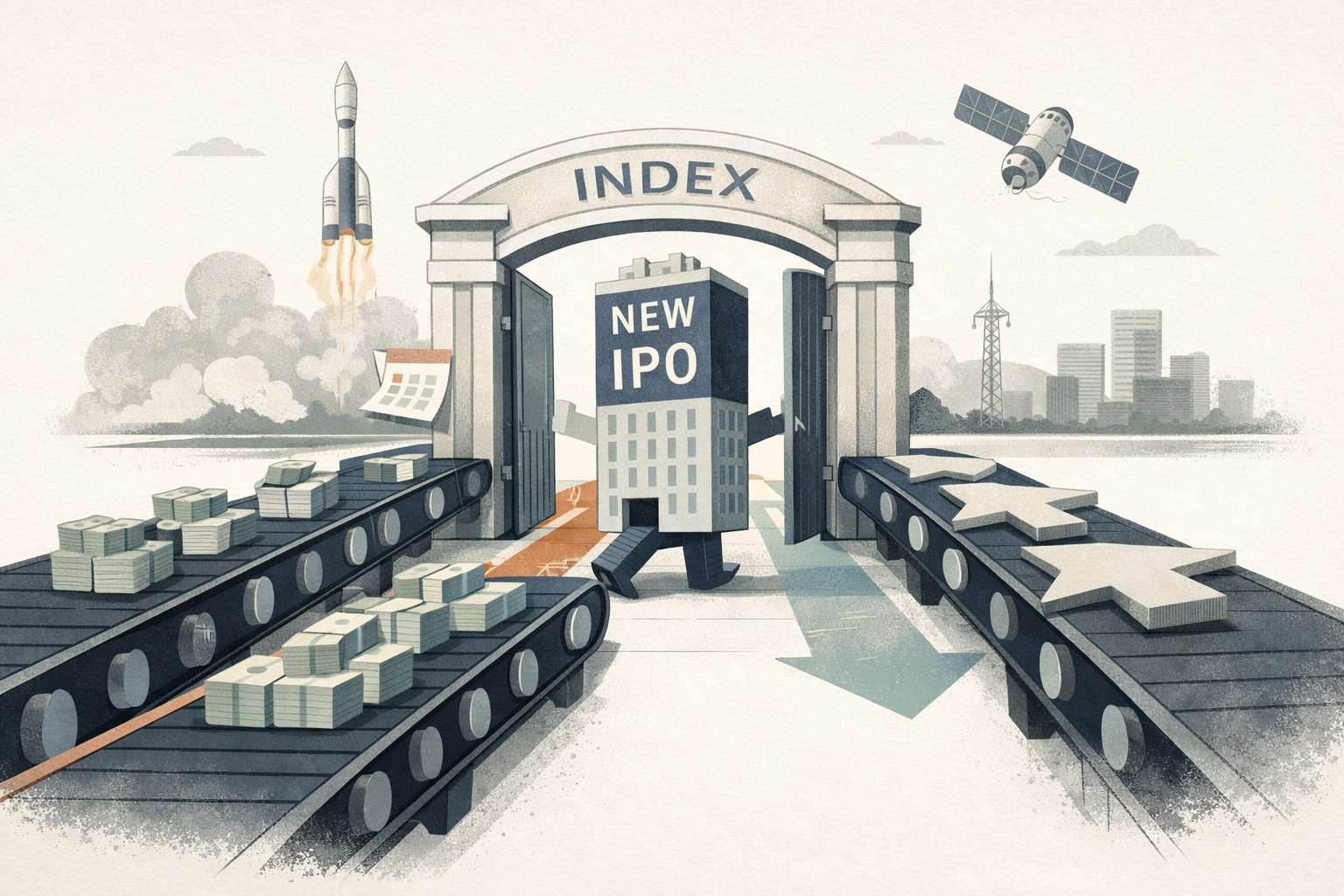 Symbolic illustration of a fast-moving IPO entering an index while passive funds are mechanically pulled toward it, with space and satellite motifs in the background.