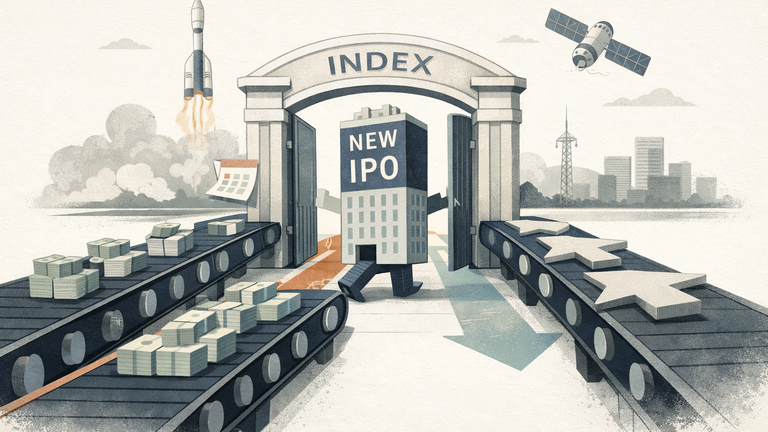 Symbolic illustration of a fast-moving IPO entering an index while passive funds are mechanically pulled toward it, with space and satellite motifs in the background.