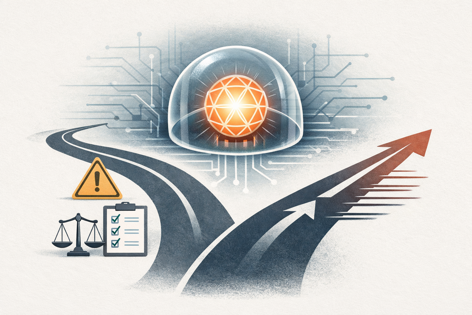 Symbolic illustration of an AI system inside a shield, with paths representing careful safety review versus fast deployment pressure.