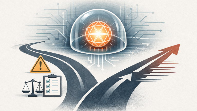 Symbolic illustration of an AI system inside a shield, with paths representing careful safety review versus fast deployment pressure.