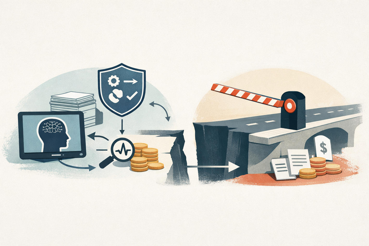 An AI medical device, compliance paperwork, and a blocked payment pathway symbolize the gap between FDA clearance and reimbursement.