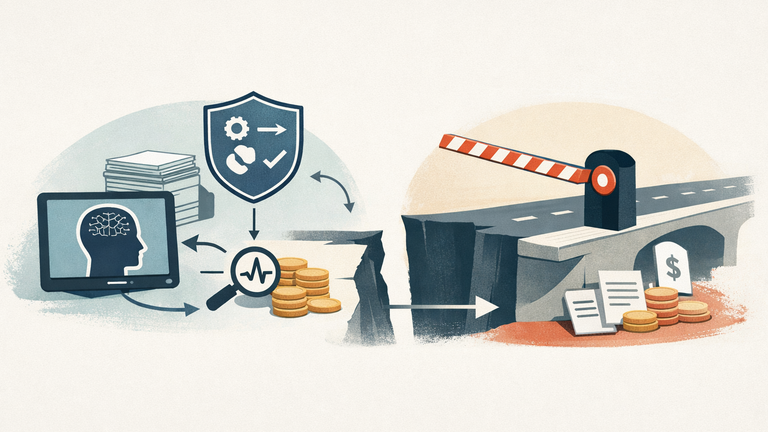 An AI medical device, compliance paperwork, and a blocked payment pathway symbolize the gap between FDA clearance and reimbursement.