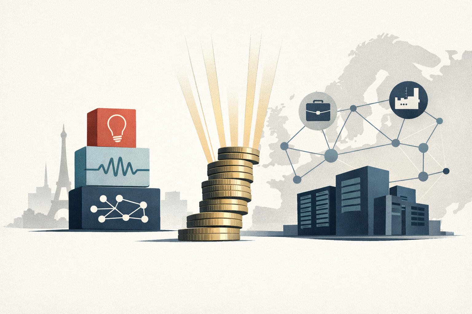 Symbolic illustration of a European AI startup, funding, data infrastructure, and business partnerships connected in a growing capital network.
