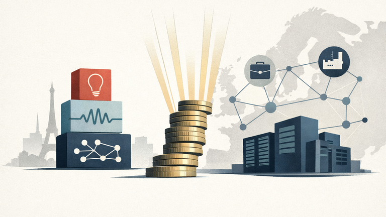 Symbolic illustration of a European AI startup, funding, data infrastructure, and business partnerships connected in a growing capital network.