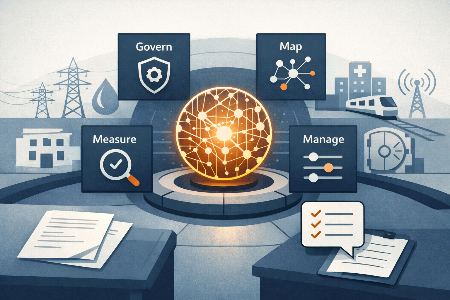 An abstract illustration of an AI governance framework centered on a glowing AI node, surrounded by four framework pillars and symbols for critical infrastructure sectors.