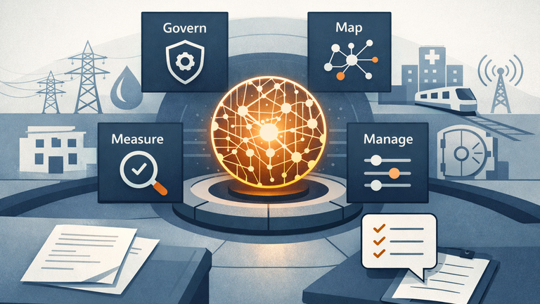 An abstract illustration of an AI governance framework centered on a glowing AI node, surrounded by four framework pillars and symbols for critical infrastructure sectors.