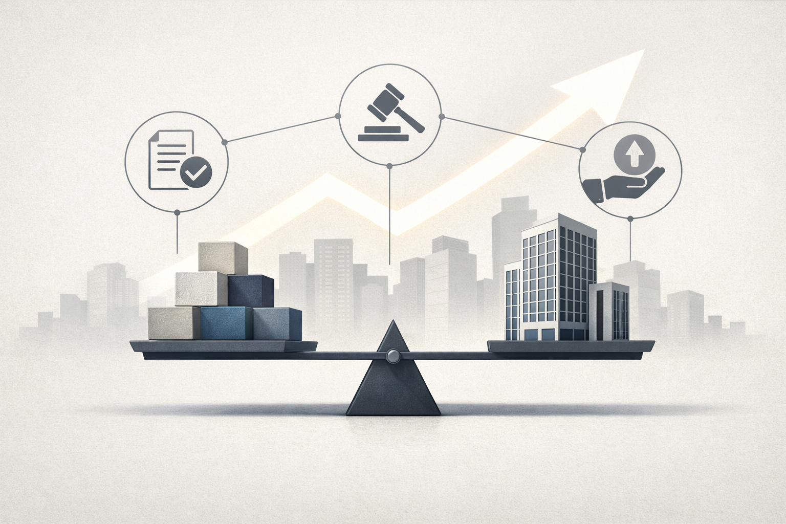 An editorial illustration showing a balanced scale, corporate blocks, and connected policy icons to represent incentives for better capital efficiency and governance.