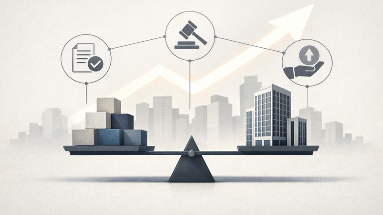 An editorial illustration showing a balanced scale, corporate blocks, and connected policy icons to represent incentives for better capital efficiency and governance.