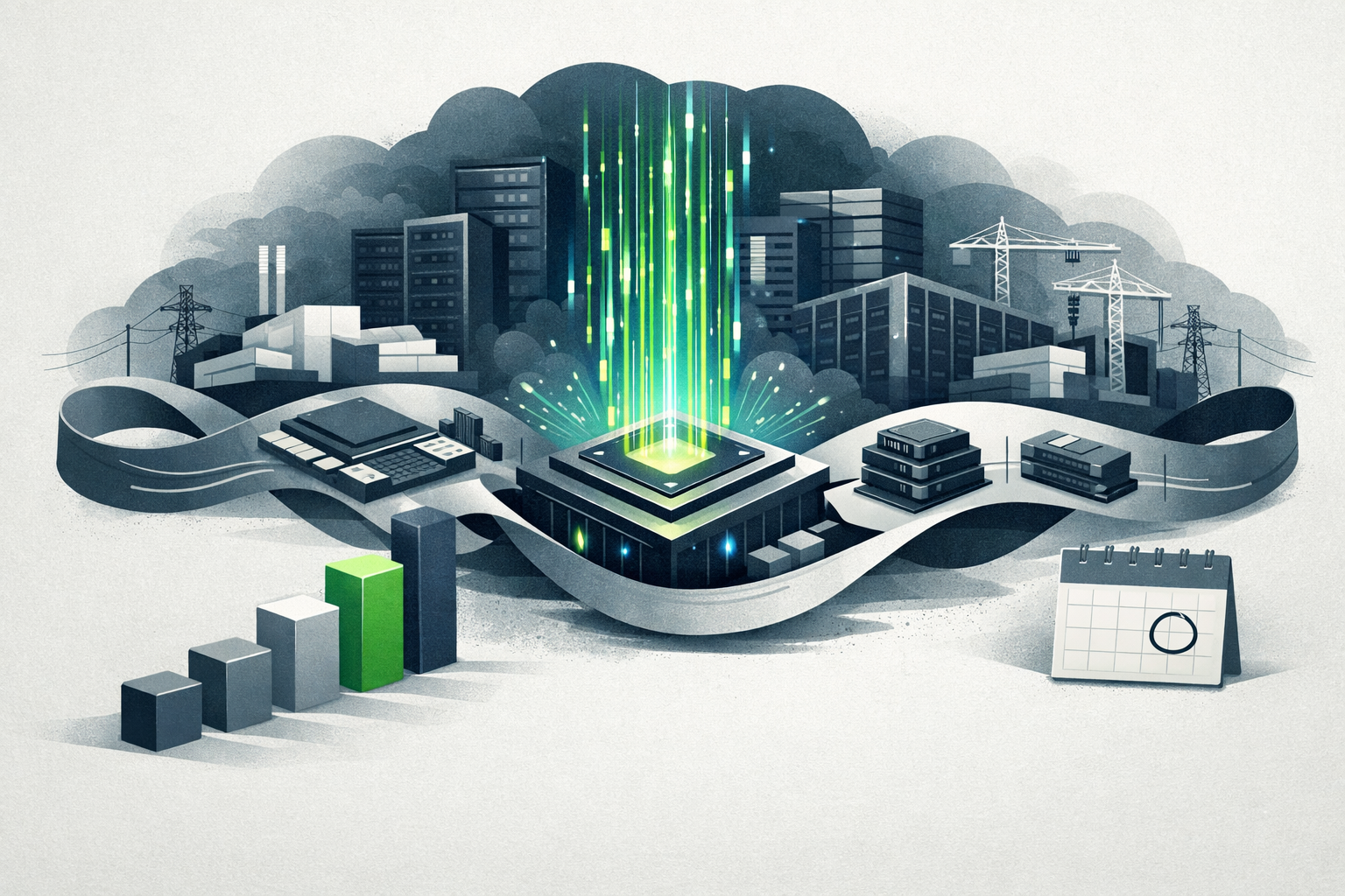 Symbolic illustration of a semiconductor chip feeding data into cloud servers, memory, packaging, and power infrastructure, representing NVIDIA's earnings and AI infrastructure supply chain.