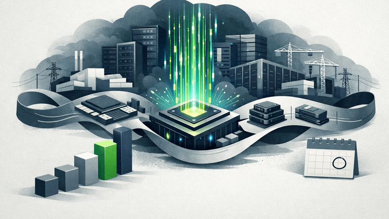 Symbolic illustration of a semiconductor chip feeding data into cloud servers, memory, packaging, and power infrastructure, representing NVIDIA's earnings and AI infrastructure supply chain.