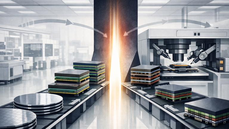 An abstract semiconductor supply chain illustration showing wafer production feeding into a narrow advanced packaging bottleneck for HBM capacity.