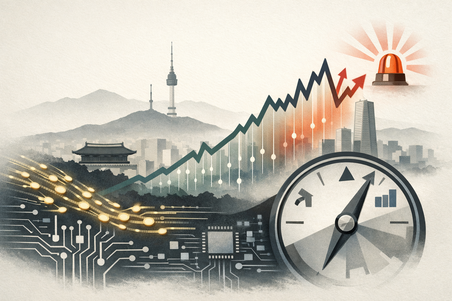 Editorial illustration of South Korea’s stock market balancing MSCI inclusion hopes, AI-driven strength, and rising volatility.