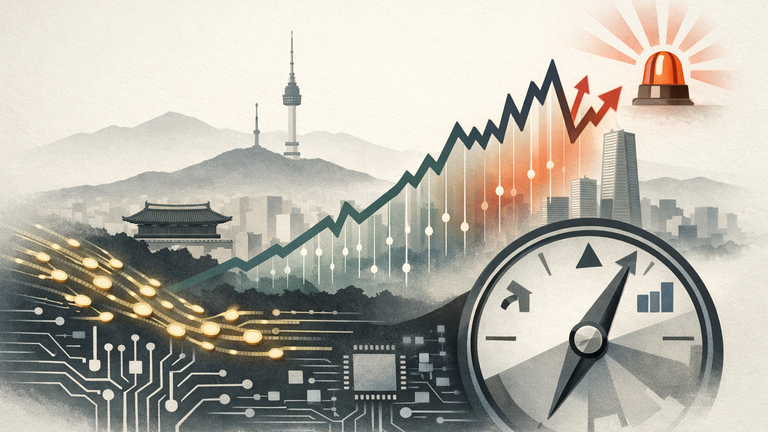 Editorial illustration of South Korea’s stock market balancing MSCI inclusion hopes, AI-driven strength, and rising volatility.