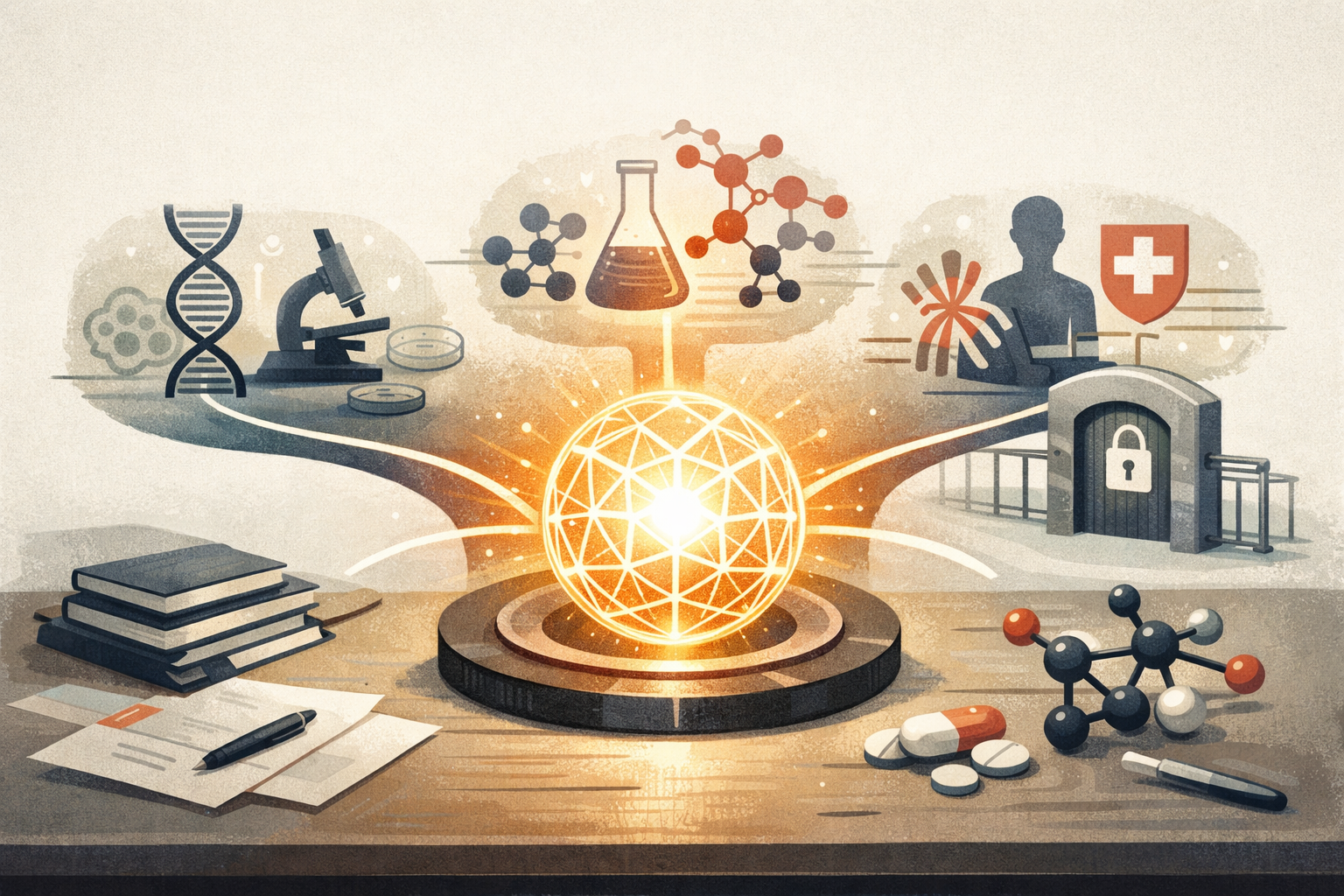 An illustration showing an AI model connected to biology, drug discovery, and translational medicine workflows in a secure research setting.