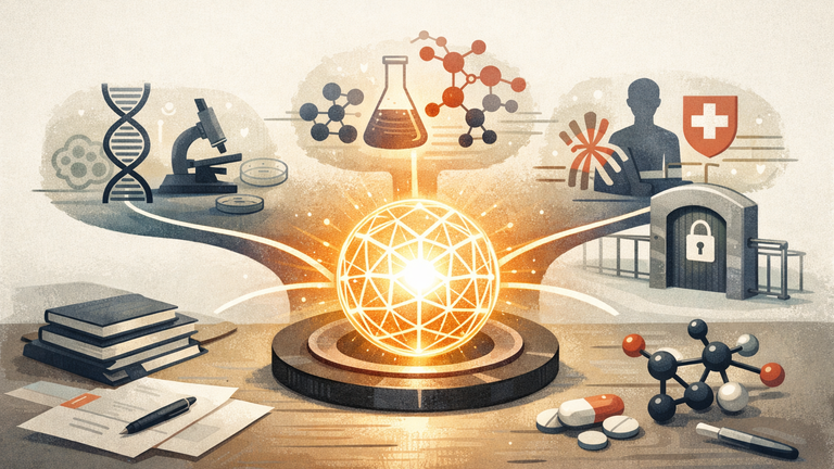 An illustration showing an AI model connected to biology, drug discovery, and translational medicine workflows in a secure research setting.