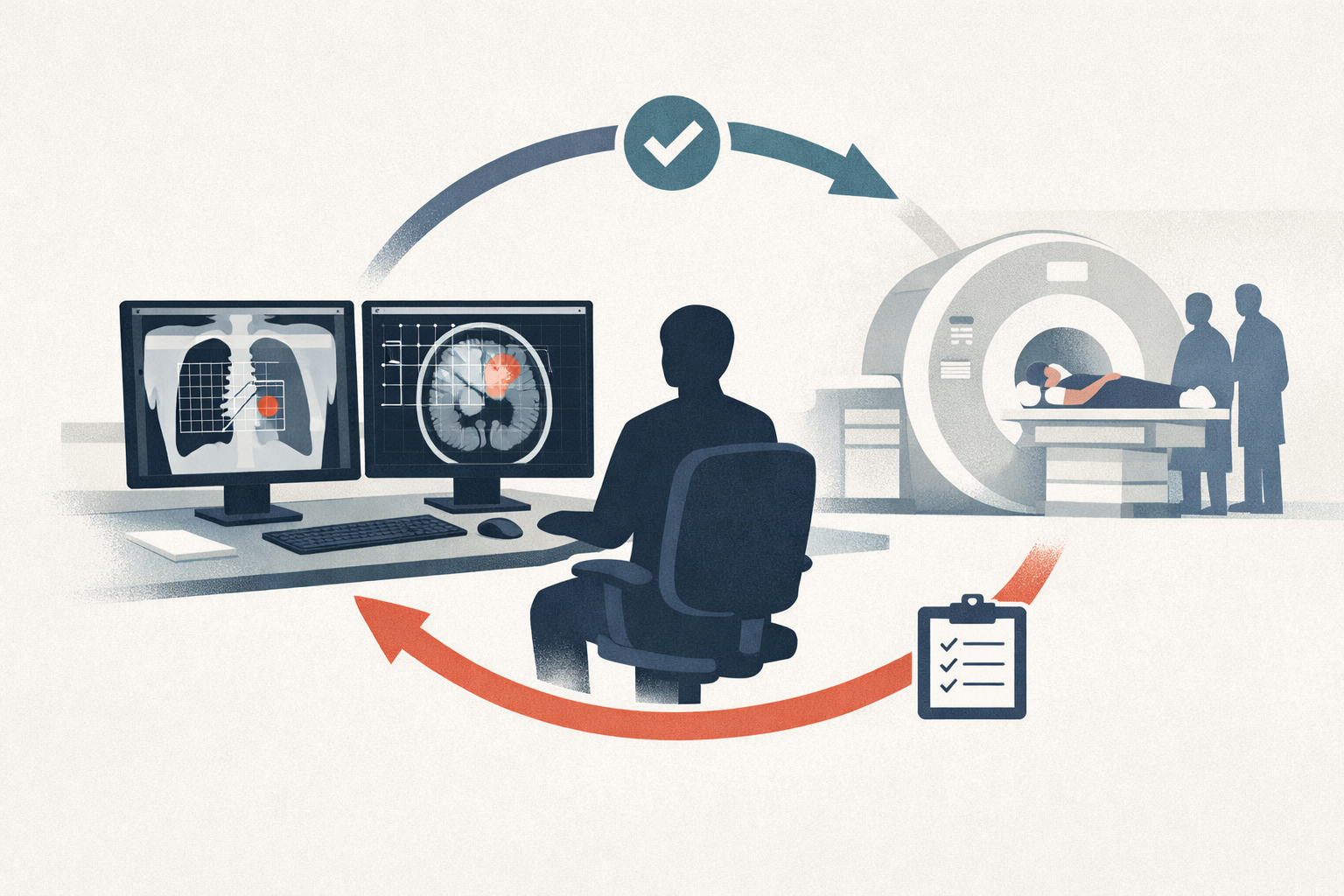 Illustration of a hospital imaging workflow where an AI system is being validated in real time by clinicians.