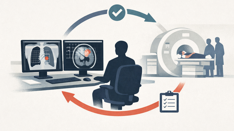 Illustration of a hospital imaging workflow where an AI system is being validated in real time by clinicians.