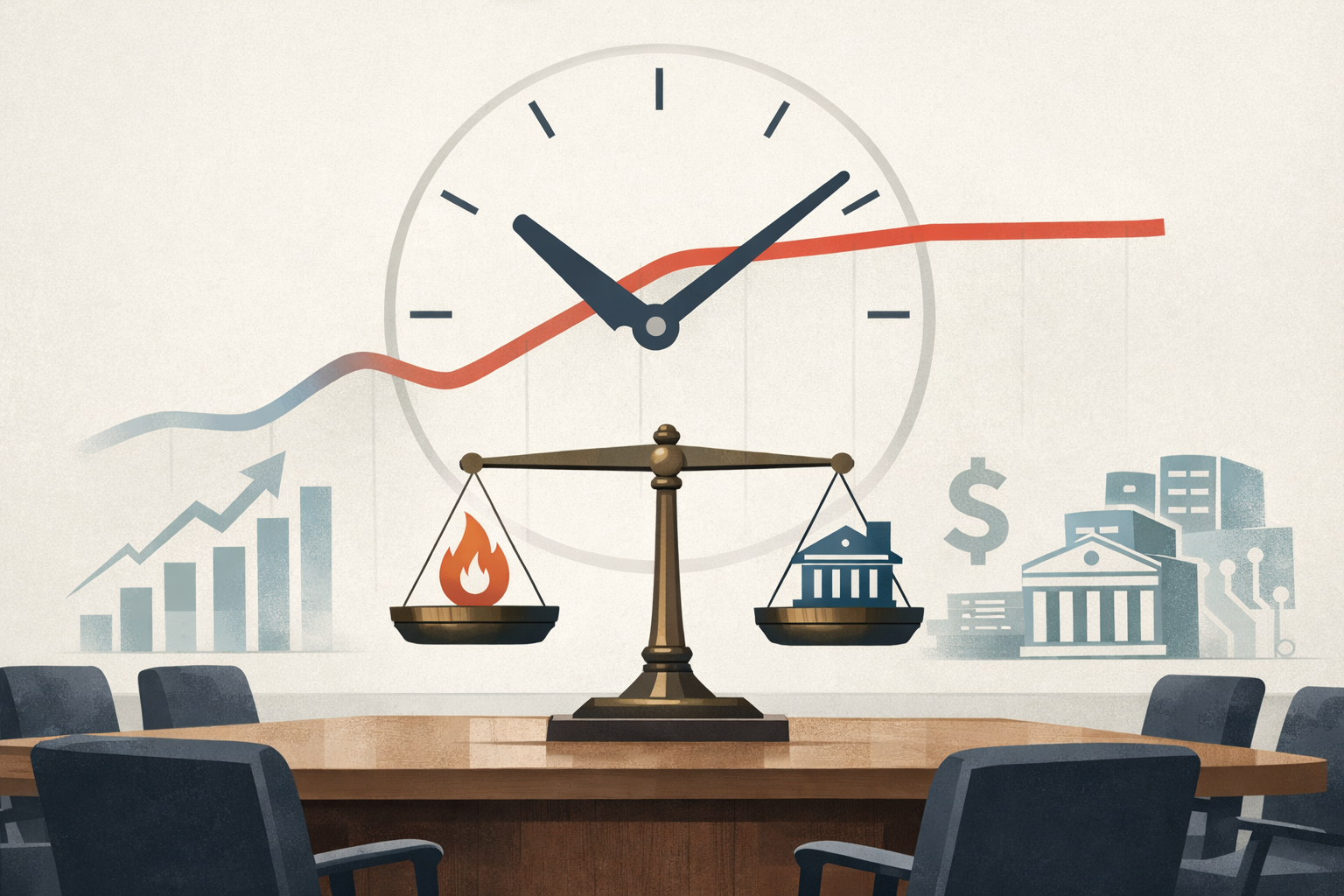 Symbolic illustration of a Federal Reserve meeting balancing inflation, interest rates, and market volatility across stocks, bonds, the dollar, and AI infrastructure.