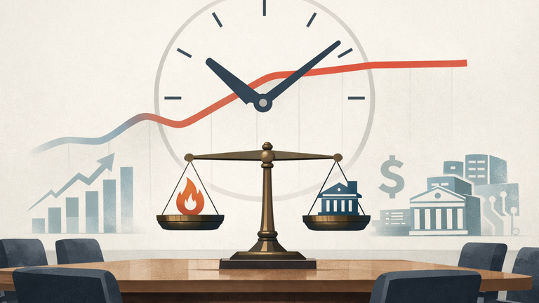 Symbolic illustration of a Federal Reserve meeting balancing inflation, interest rates, and market volatility across stocks, bonds, the dollar, and AI infrastructure.