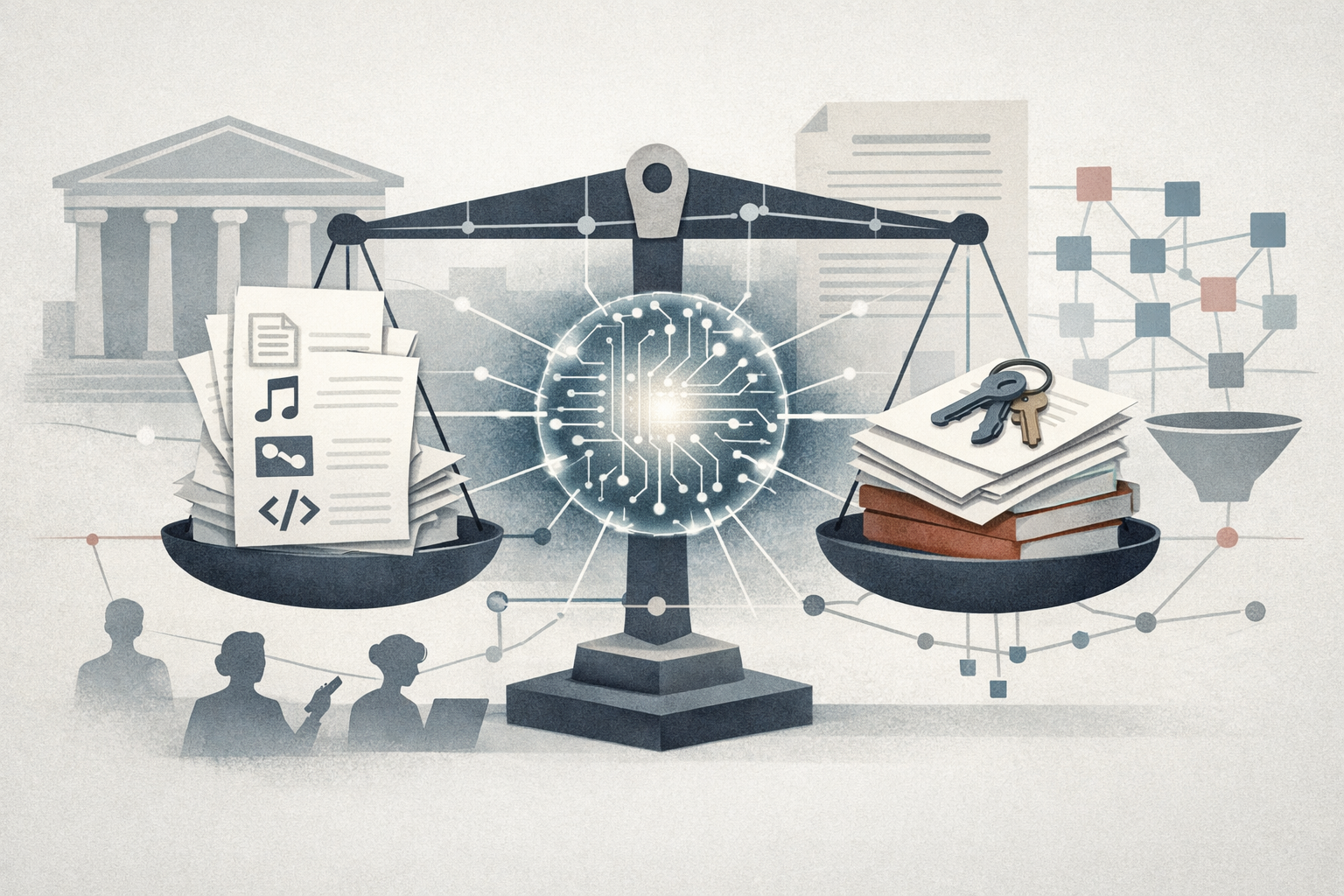 Symbolic illustration of AI training, copyright law, and licensing markets connected by a balance scale, legal documents, creator icons, and a central AI core.