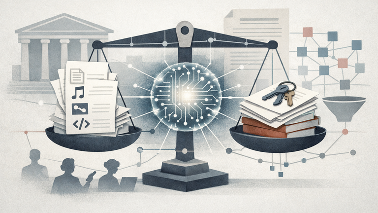 Symbolic illustration of AI training, copyright law, and licensing markets connected by a balance scale, legal documents, creator icons, and a central AI core.
