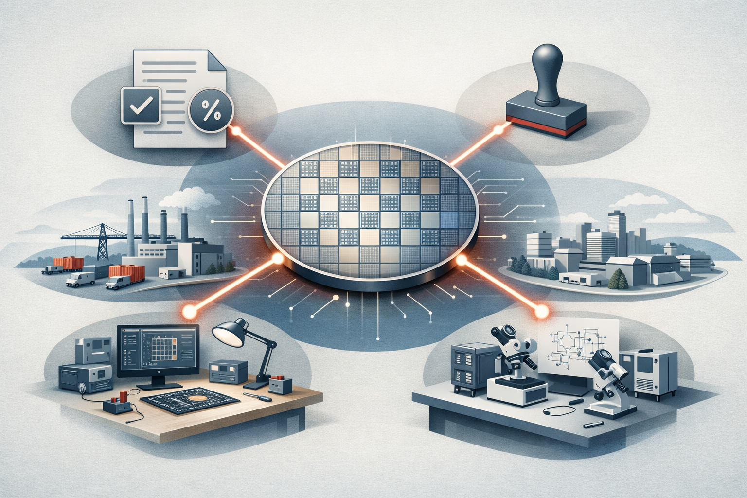 Symbolic illustration of South Korea's AI semiconductor strategy linking tax support, faster approvals, supply chain clusters, startup funding, and university research.