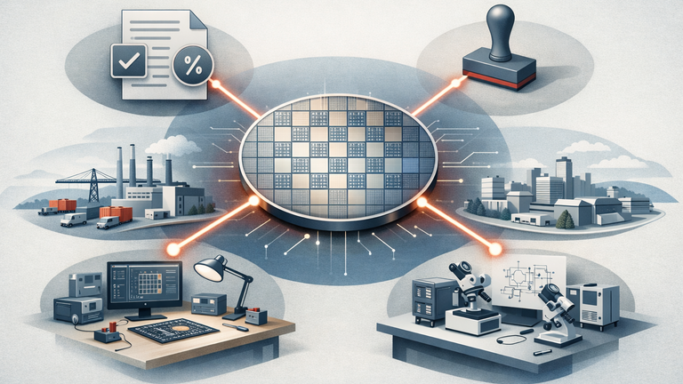 Symbolic illustration of South Korea's AI semiconductor strategy linking tax support, faster approvals, supply chain clusters, startup funding, and university research.