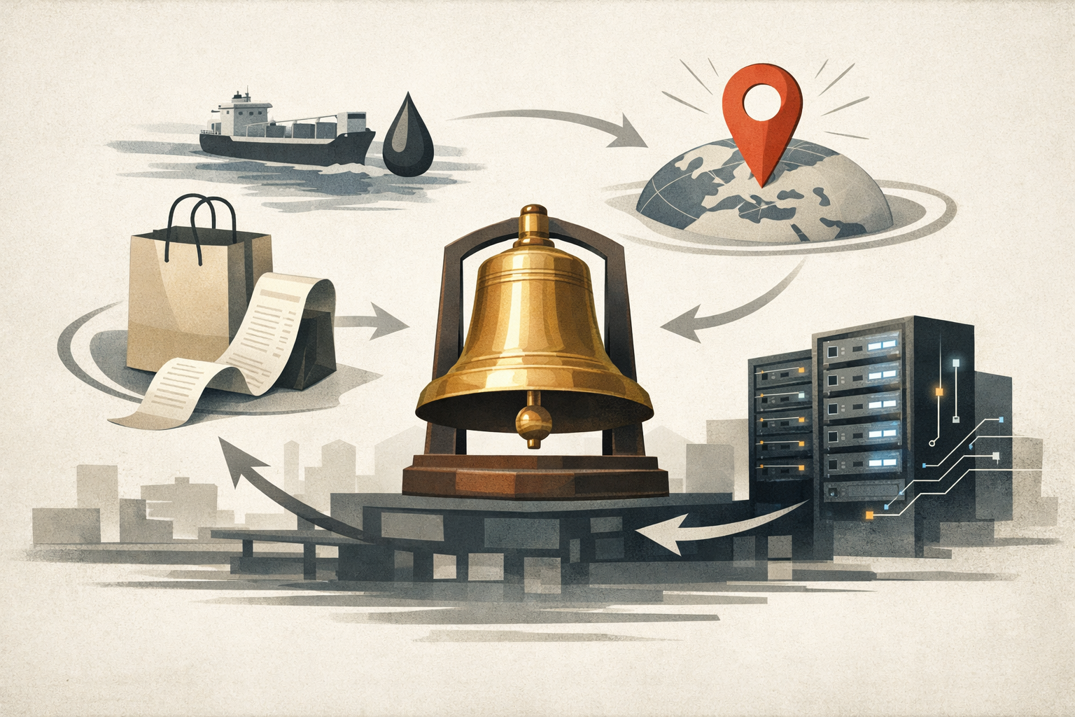 An editorial illustration of an opening bell surrounded by symbols for consumer demand, energy supply, geopolitics, and AI infrastructure.