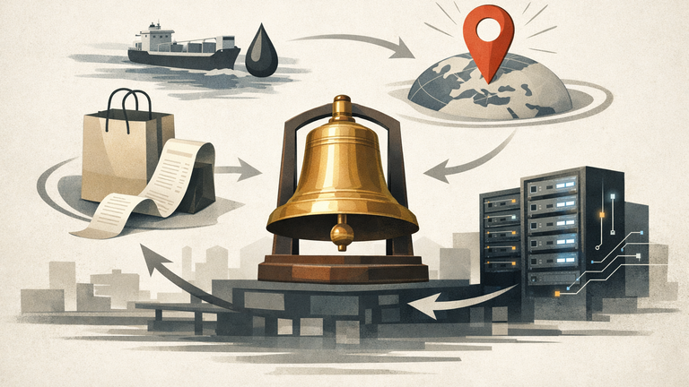 An editorial illustration of an opening bell surrounded by symbols for consumer demand, energy supply, geopolitics, and AI infrastructure.