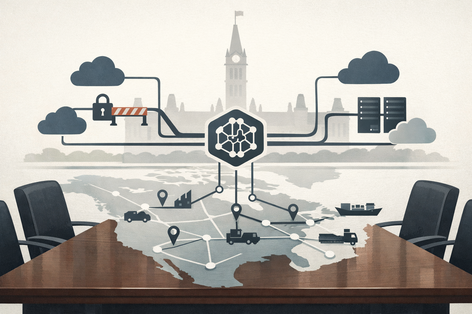 Symbolic illustration of AI access concentration risk, with a government setting, connected cloud and server icons, and one restricted pathway showing dependence on a few providers.
