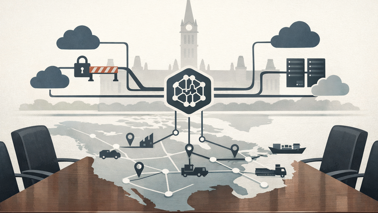Symbolic illustration of AI access concentration risk, with a government setting, connected cloud and server icons, and one restricted pathway showing dependence on a few providers.