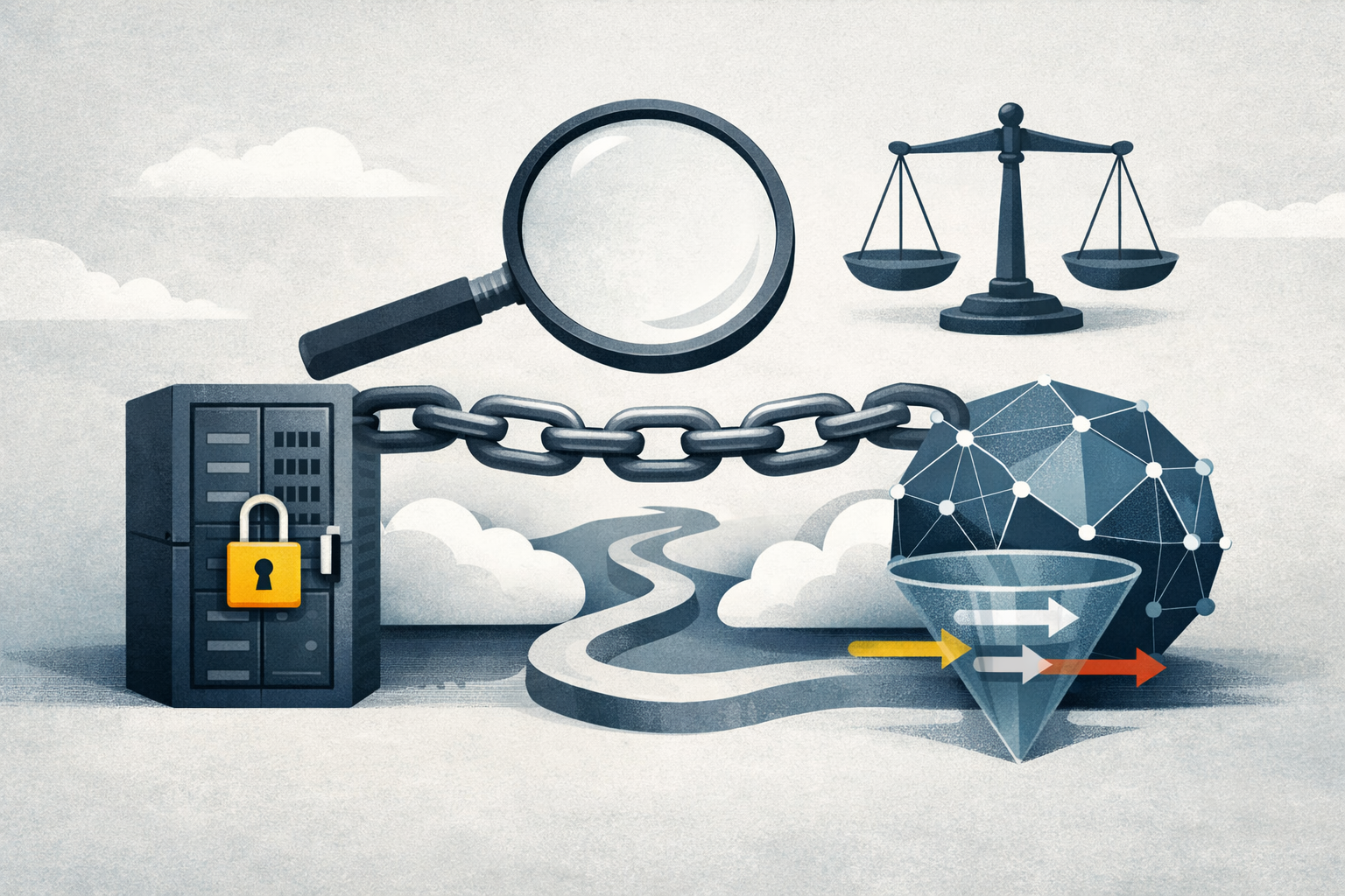 An editorial illustration showing FTC antitrust review of cloud-AI partnerships through symbolic cloud, server, and information-flow metaphors.