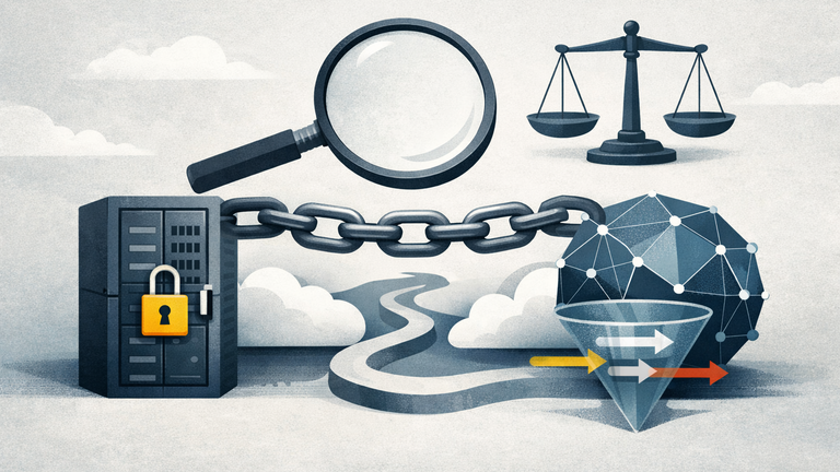 An editorial illustration showing FTC antitrust review of cloud-AI partnerships through symbolic cloud, server, and information-flow metaphors.