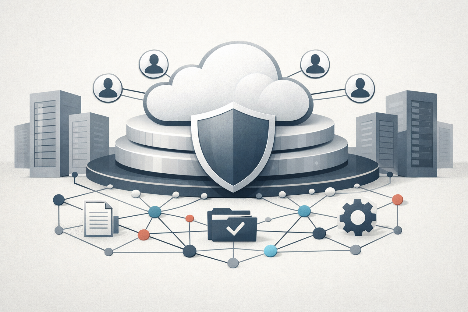 Symbolic illustration of enterprise AI agents connected to cloud infrastructure, security, and a knowledge graph.