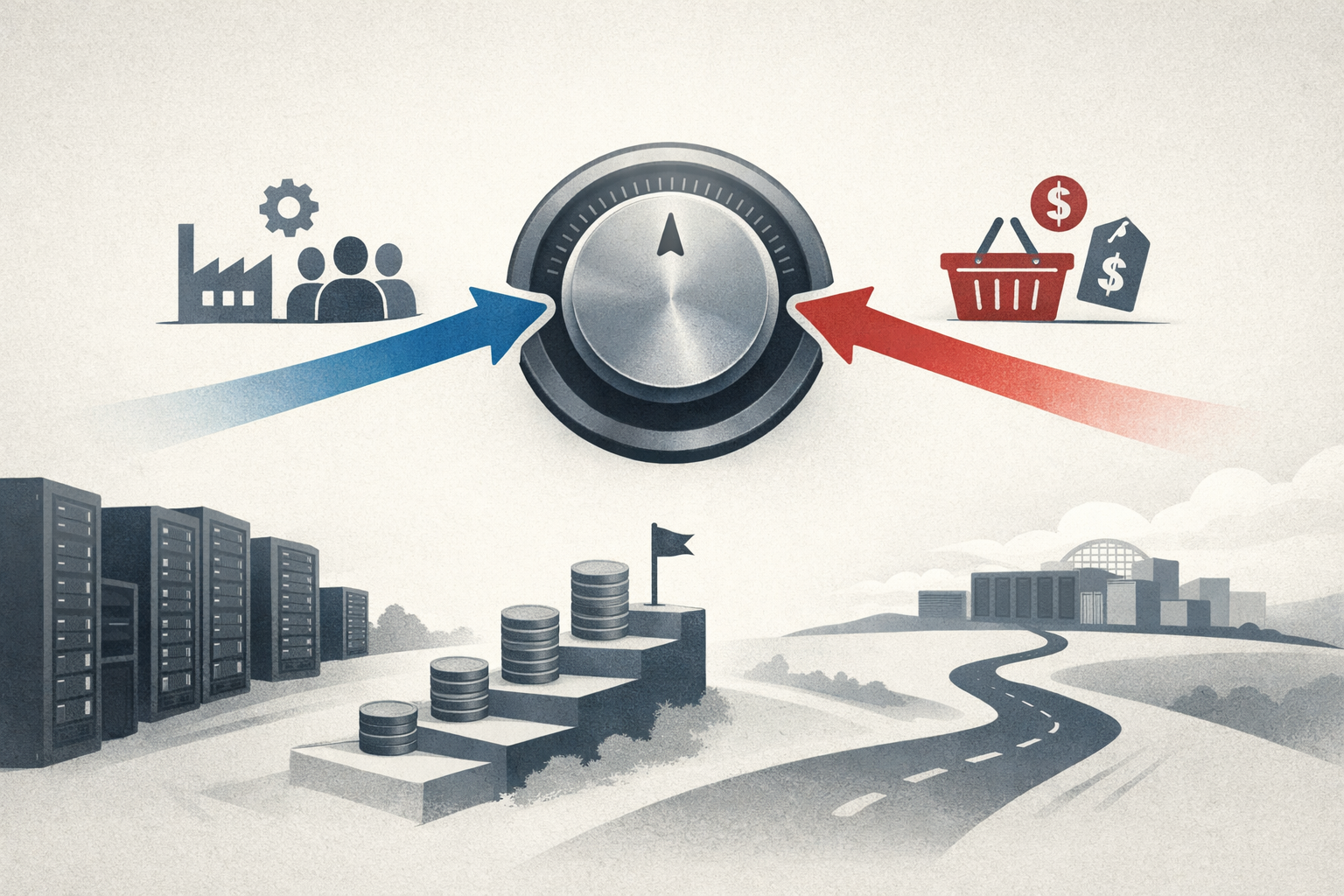 Symbolic illustration of the Federal Reserve’s policy lever influencing employment, inflation, and technology investment decisions.