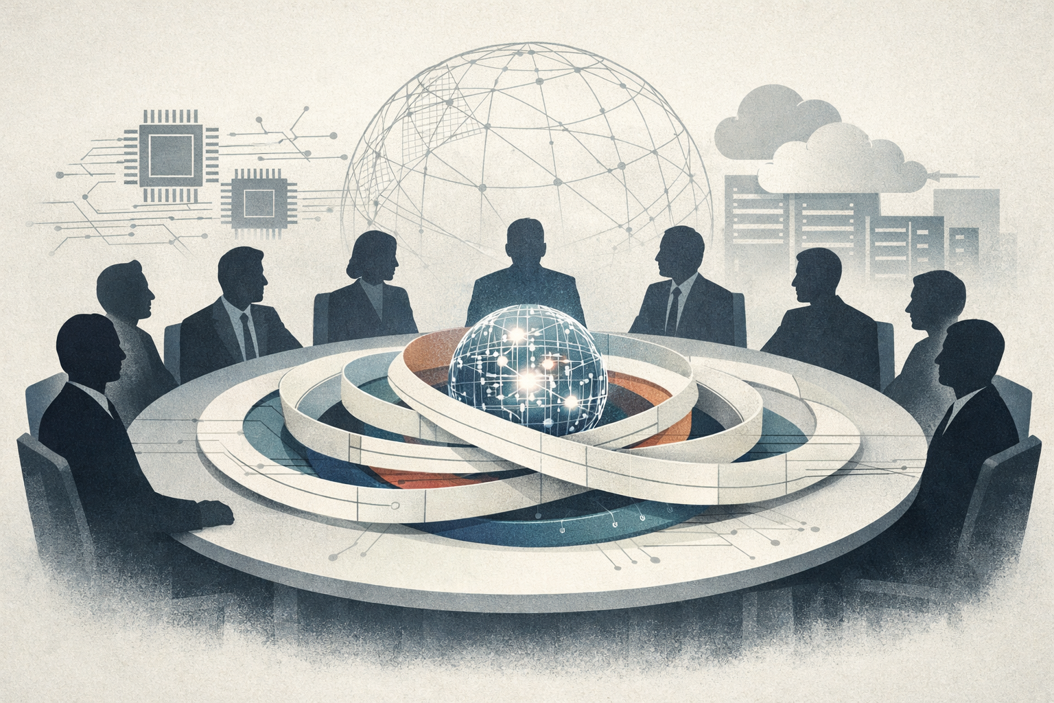 An editorial illustration showing a G7-style diplomatic table, generic figures, and an abstract AI core surrounded by policy rings to symbolize international AI governance.