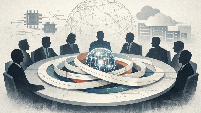 An editorial illustration showing a G7-style diplomatic table, generic figures, and an abstract AI core surrounded by policy rings to symbolize international AI governance.