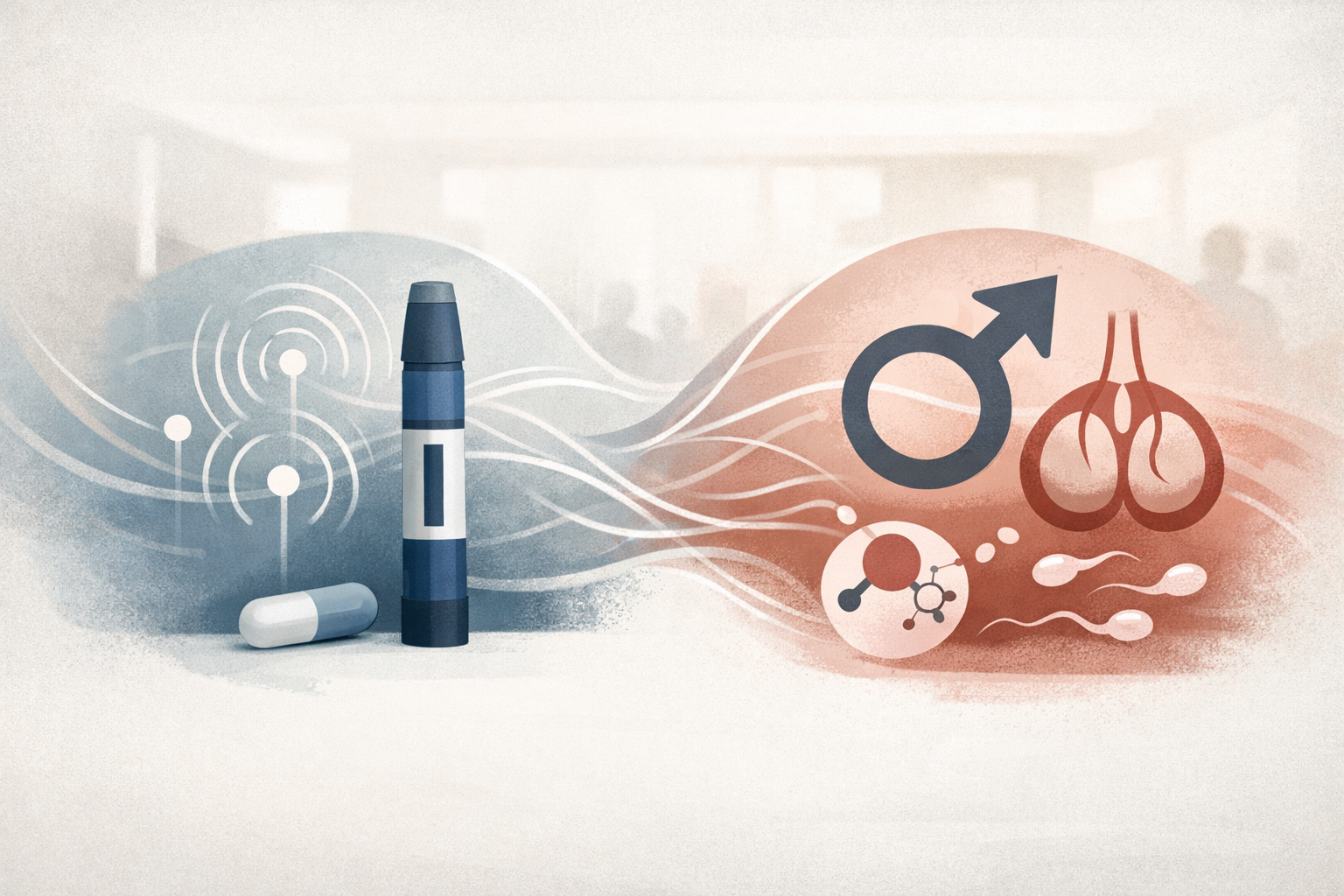 Symbolic medical illustration linking GLP-1 treatment with hormone and sperm health research.