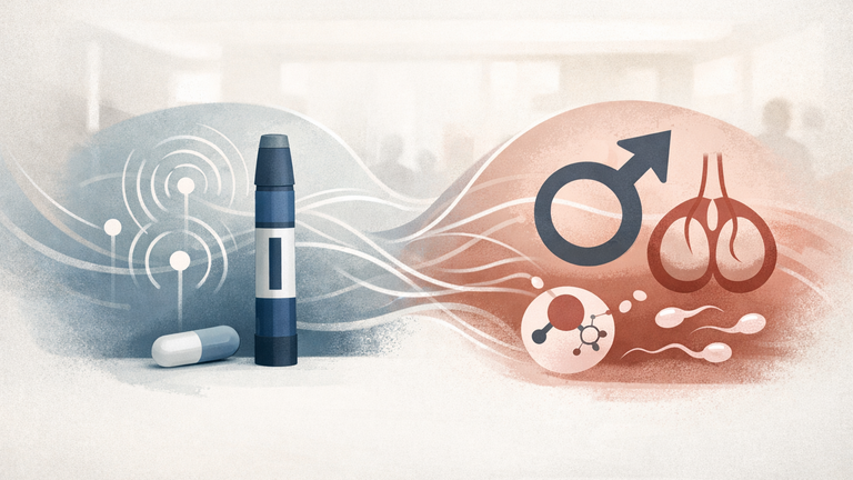 Symbolic medical illustration linking GLP-1 treatment with hormone and sperm health research.