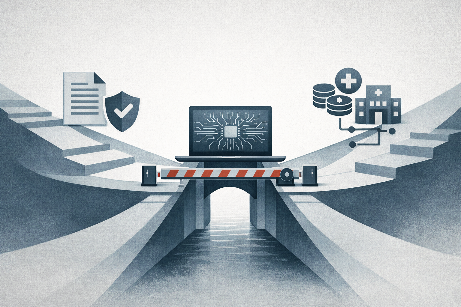 Symbolic illustration of FDA and CMS policy pathways converging on a medical AI software product at a reimbursement bottleneck.
