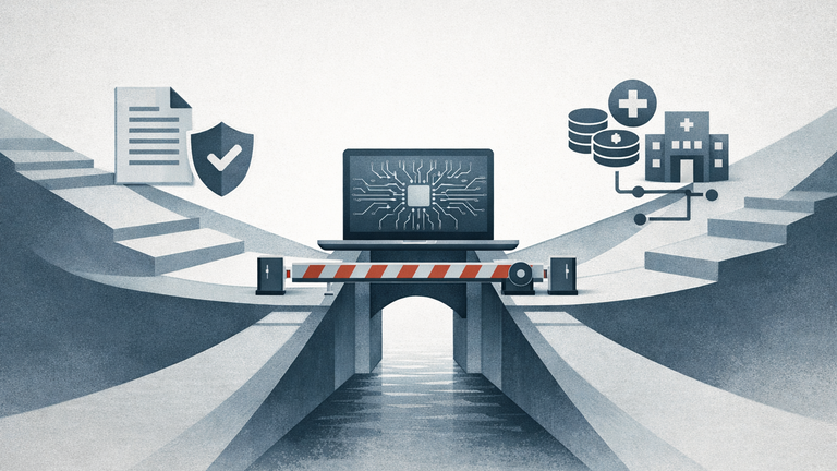 Symbolic illustration of FDA and CMS policy pathways converging on a medical AI software product at a reimbursement bottleneck.