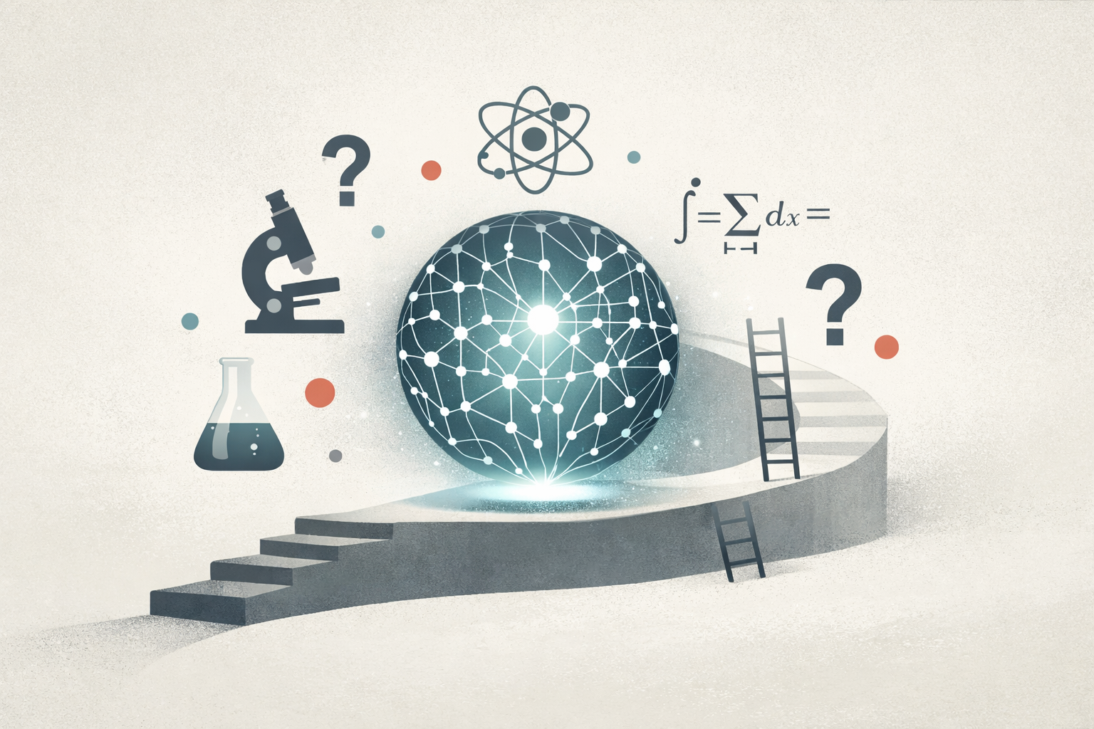 An abstract illustration of AI being evaluated with expert-level academic questions, surrounded by science and research symbols.