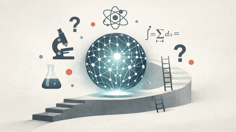 An abstract illustration of AI being evaluated with expert-level academic questions, surrounded by science and research symbols.