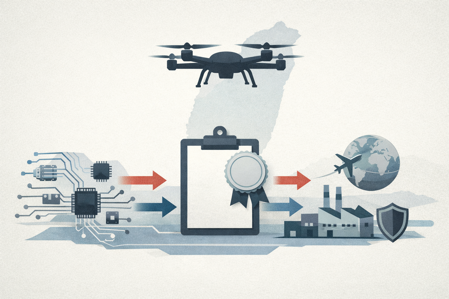 An editorial illustration showing a drone supply chain and procurement review flow, with abstract components, a factory, and overseas outreach cues.
