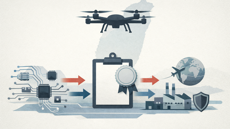 An editorial illustration showing a drone supply chain and procurement review flow, with abstract components, a factory, and overseas outreach cues.