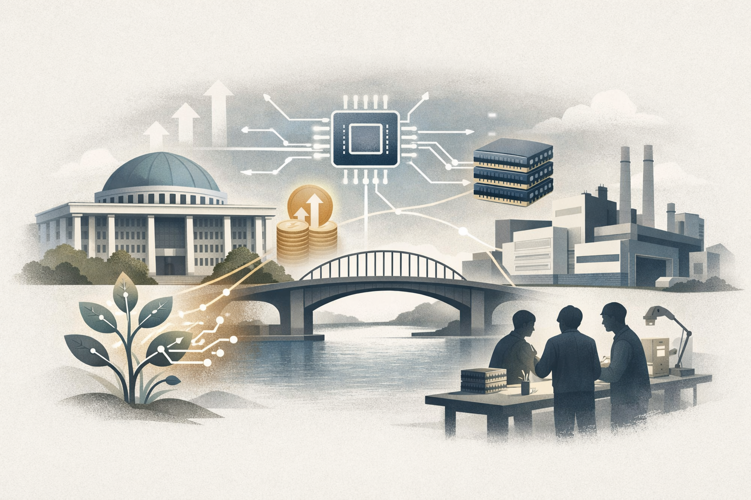 An editorial illustration showing government and industry linked by abstract chip, investment, and talent symbols to represent South Korea's AI semiconductor policy.