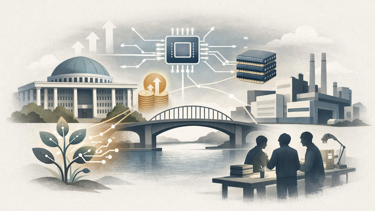 An editorial illustration showing government and industry linked by abstract chip, investment, and talent symbols to represent South Korea's AI semiconductor policy.