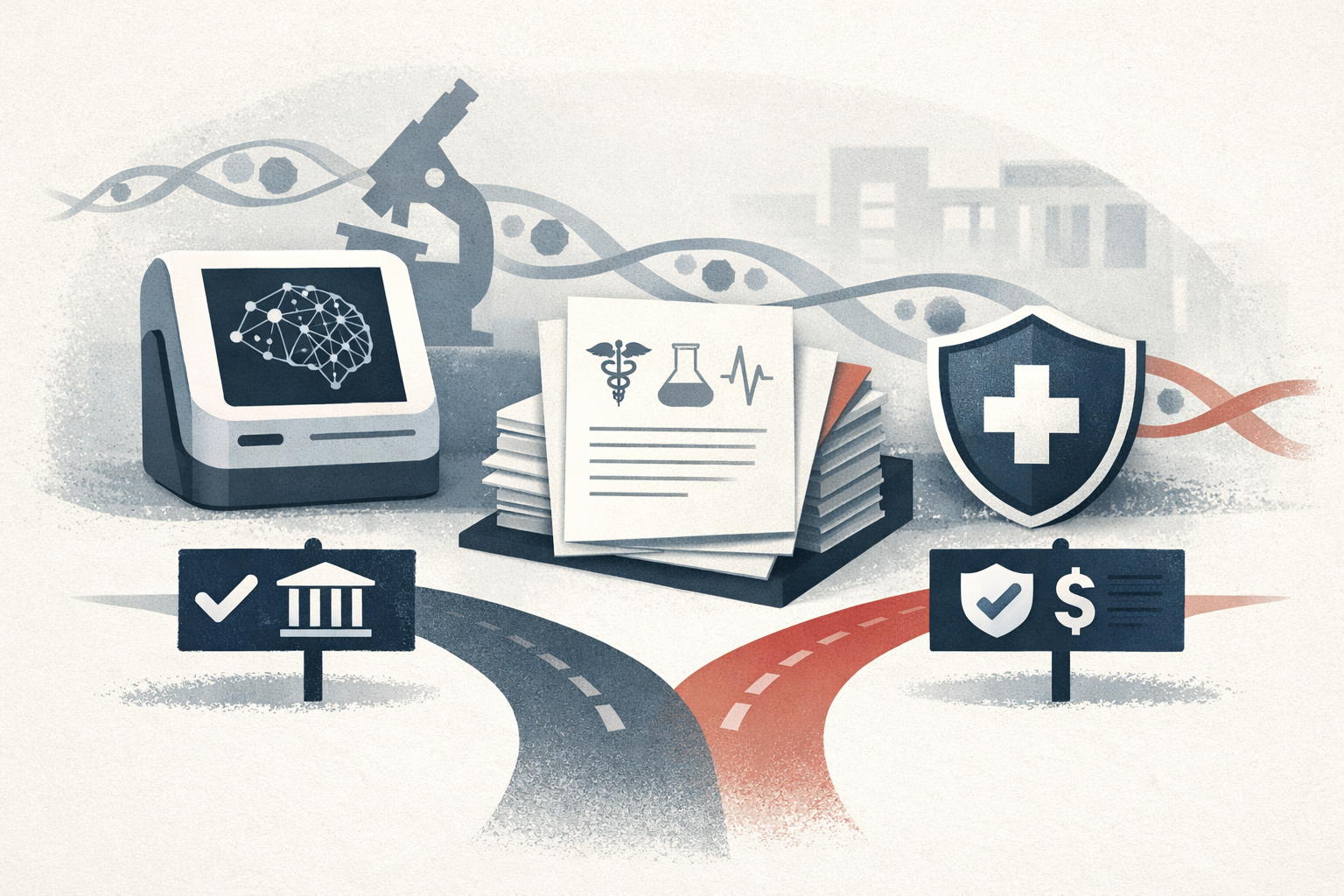 Symbolic illustration of AI diagnostics in oncology moving between regulatory approval and insurance coverage, with abstract medical and policy icons.