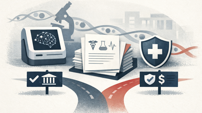 Symbolic illustration of AI diagnostics in oncology moving between regulatory approval and insurance coverage, with abstract medical and policy icons.